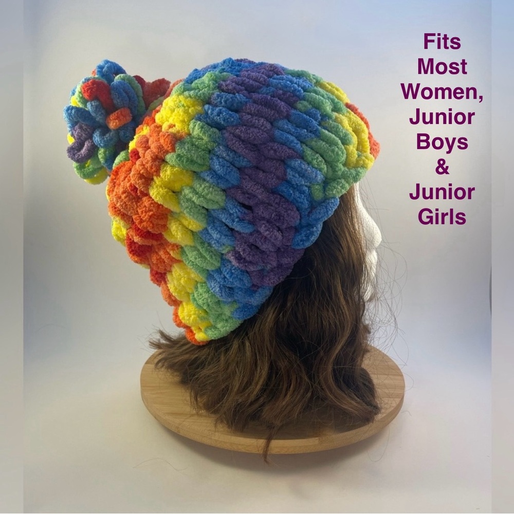 Handmade Women’s/Junior’s Winter Hat With Loopy Pom-Pom - Rainbow